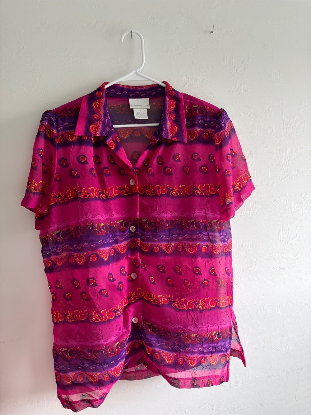 Vintage Bold Sheer Fuchsia & Purple Short-Sleeve Button Front Blouse - Picture 2 of 4